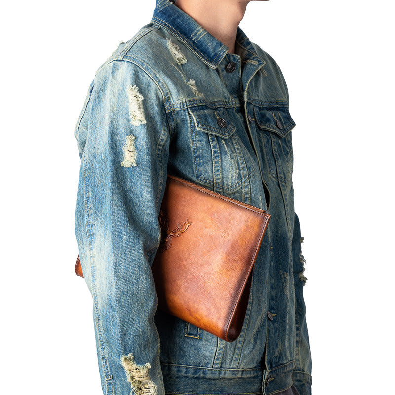 Men's Clutch Bag Genuine Cowhide Leather Retro Casual Men's Handbag