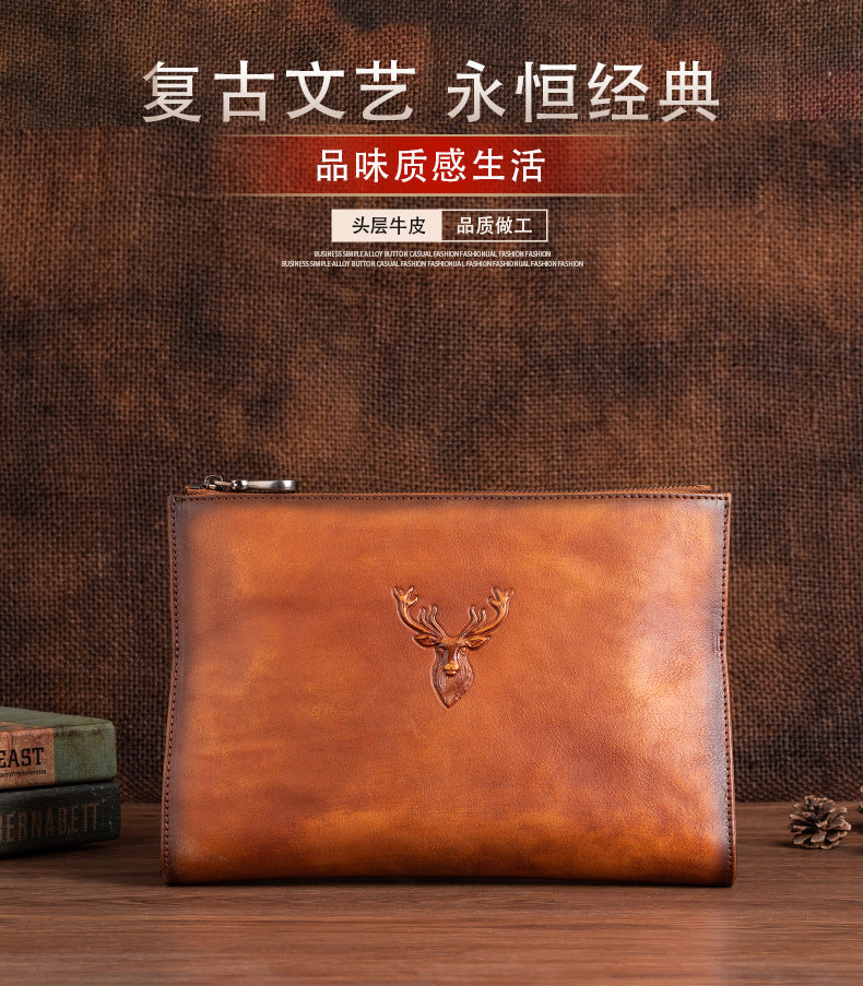 Men's Clutch Bag Genuine Cowhide Leather Retro Casual Men's Handbag