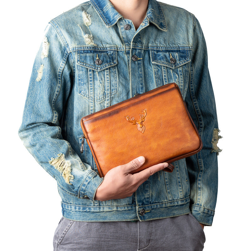 Men's Clutch Bag Genuine Cowhide Leather Retro Casual Men's Bag