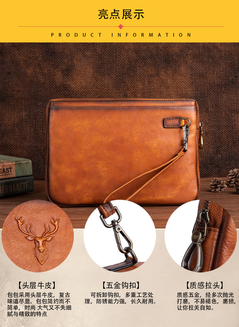 Men's Clutch Bag Genuine Cowhide Leather Retro Casual Men's Bag