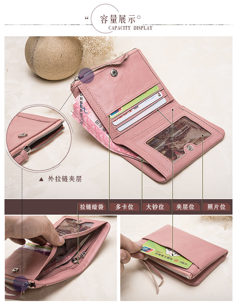 Women's Wallet Stylish and Beautiful Wallet Short Length Genuine Leather Mini Sheep Leather Wallet Zipper Bifold Wallet Coin Purse