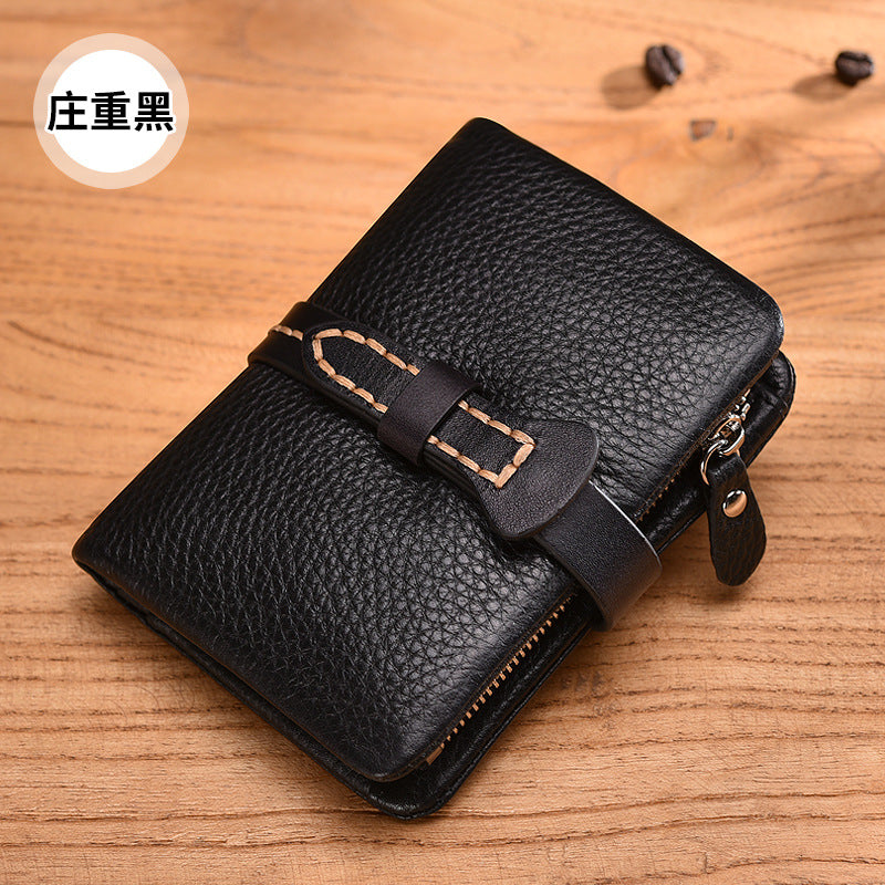 Ladies wallet short genuine leather retro mini unique large capacity head layer cowhide coin purse simple