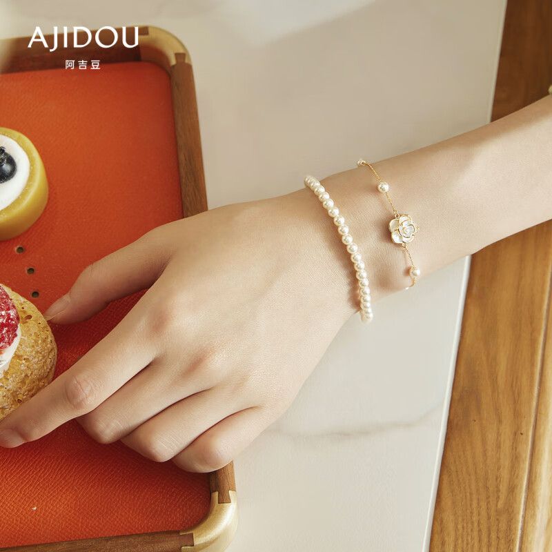 AJIDOUツバキの花 人工真珠のダブルチェーンブレスレット誕生日プレゼント彼女妻にプレゼント