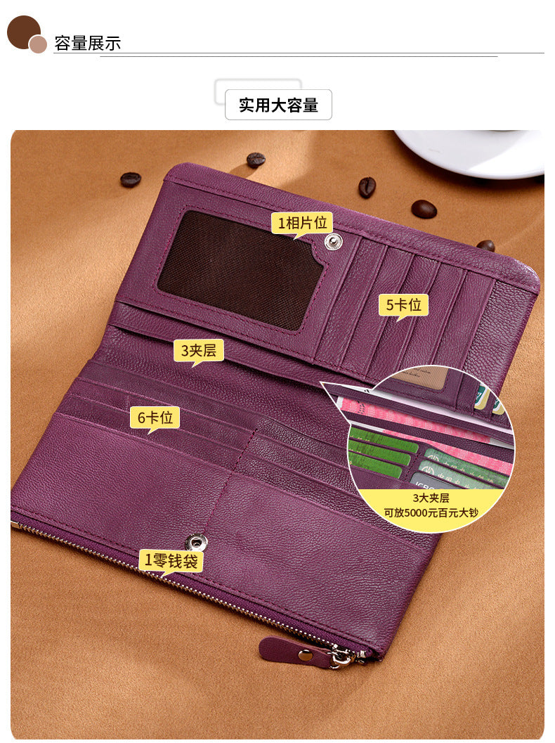 Ladies wallet large capacity multi-carry slim long wallet genuine leather bifold wallet zipper sheep leather wallet