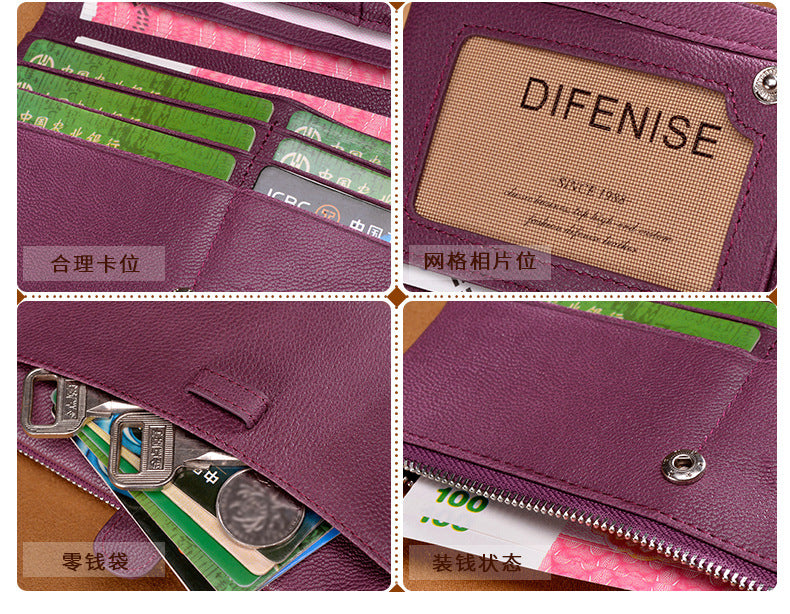 Ladies wallet large capacity multi-carry slim long wallet genuine leather bifold wallet zipper sheep leather wallet