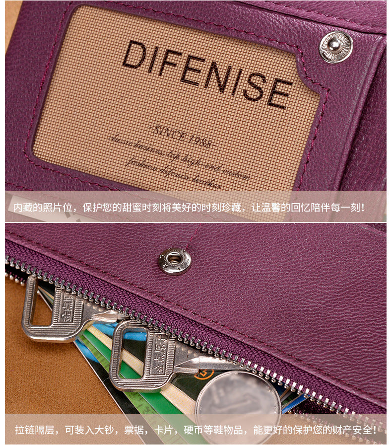 Ladies wallet large capacity multi-carry slim long wallet genuine leather bifold wallet zipper sheep leather wallet