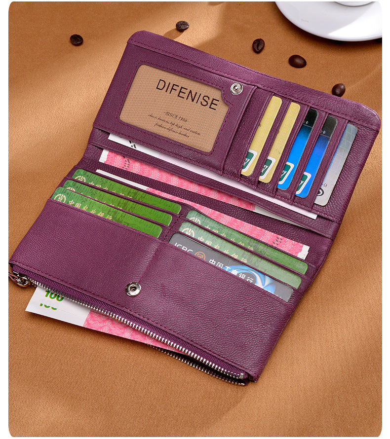 Ladies wallet large capacity multi-carry slim long wallet genuine leather bifold wallet zipper sheep leather wallet