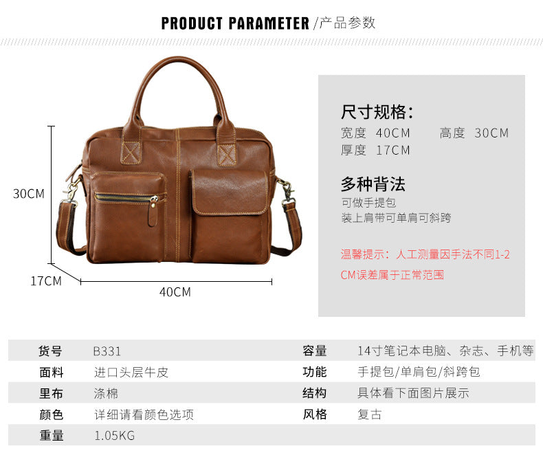 Men's Handbag Genuine Cowhide Leather Retro Business Briefcase Computer Bag for Men