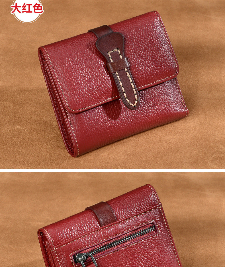 Genuine Leather Women's Wallet Short Cowhide Trifold Buckle Handmade Cowhide Wallet Zipper Coin Purse Wallet