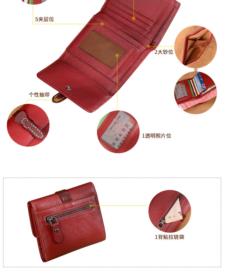 Genuine Leather Women's Wallet Short Cowhide Trifold Buckle Handmade Cowhide Wallet Zipper Coin Purse Wallet