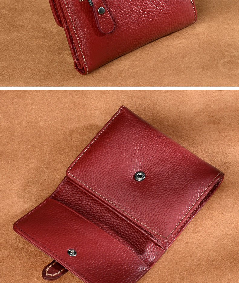 Genuine Leather Women's Wallet Short Cowhide Trifold Buckle Handmade Cowhide Wallet Zipper Coin Purse Wallet