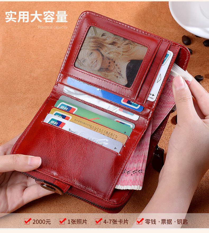 Genuine Leather Women's Wallet Short Wallet Bifold Wallet Hand-held Zipper Retro Coin Purse