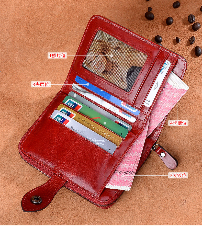 Genuine Leather Women's Wallet Short Wallet Bifold Wallet Hand-held Zipper Retro Coin Purse