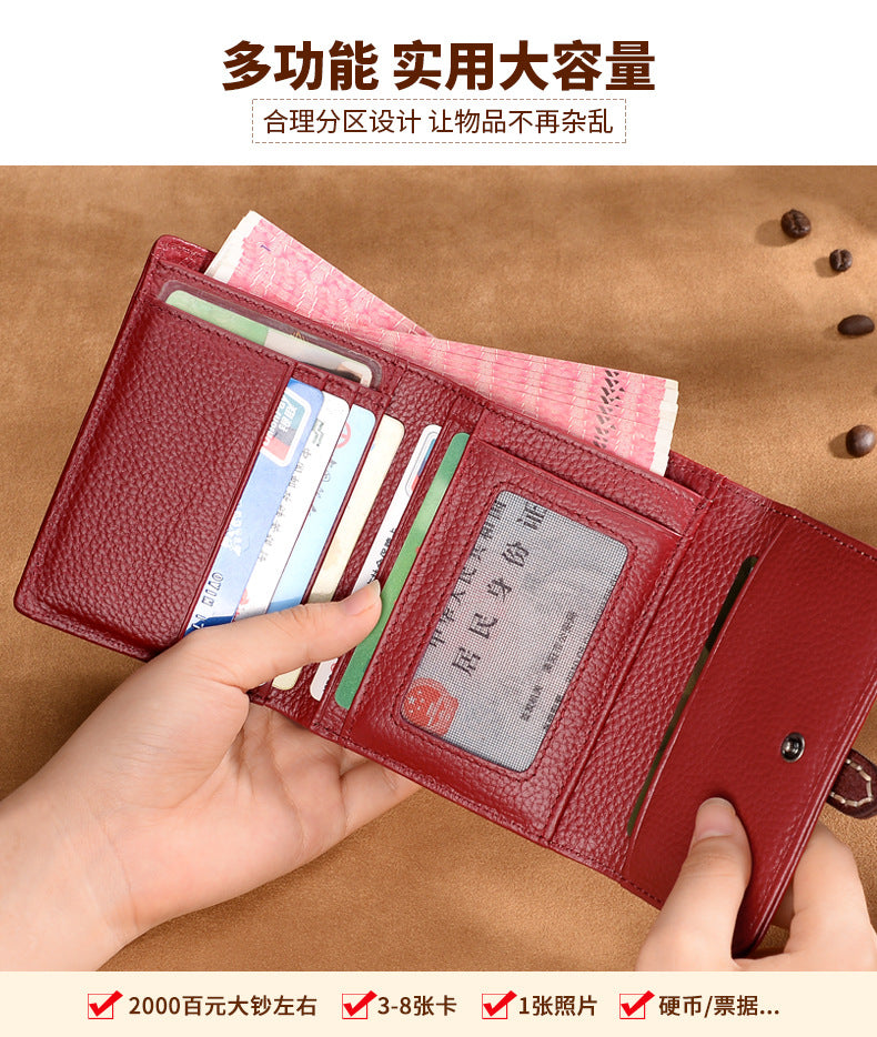 Genuine Leather Women's Wallet Short Cowhide Trifold Buckle Handmade Cowhide Wallet Zipper Coin Purse Wallet