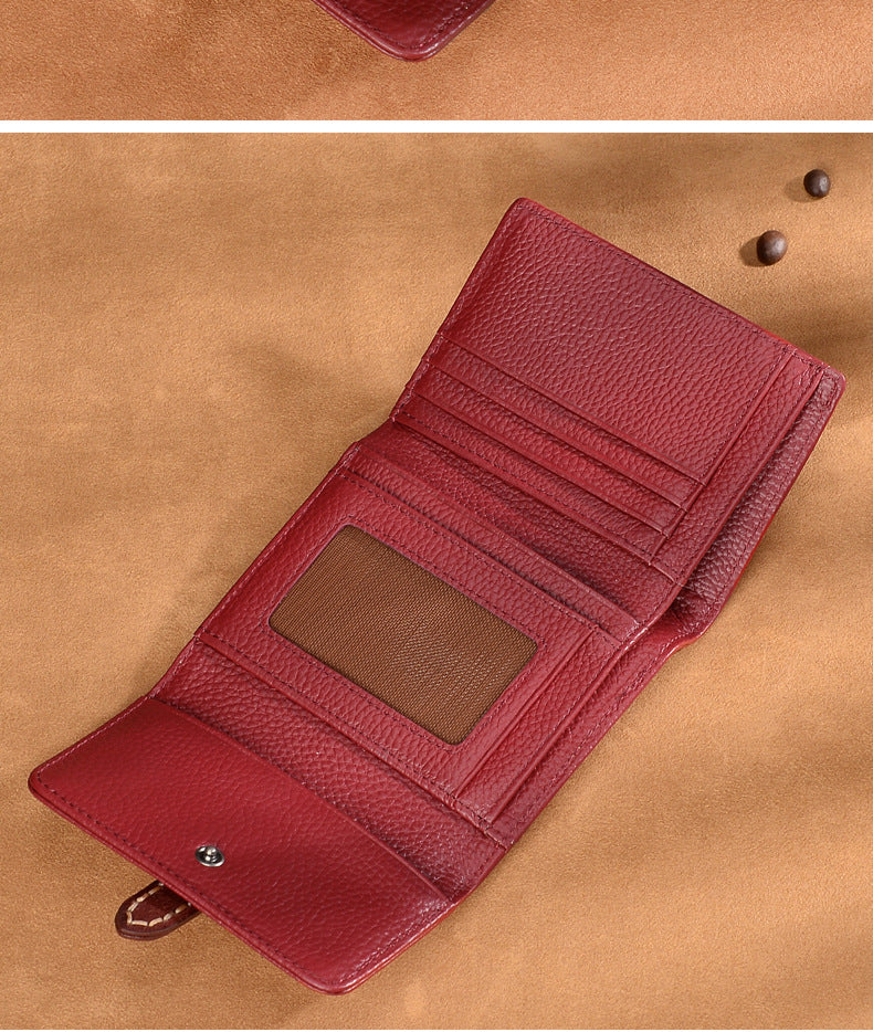 Genuine Leather Women's Wallet Short Cowhide Trifold Buckle Handmade Cowhide Wallet Zipper Coin Purse Wallet