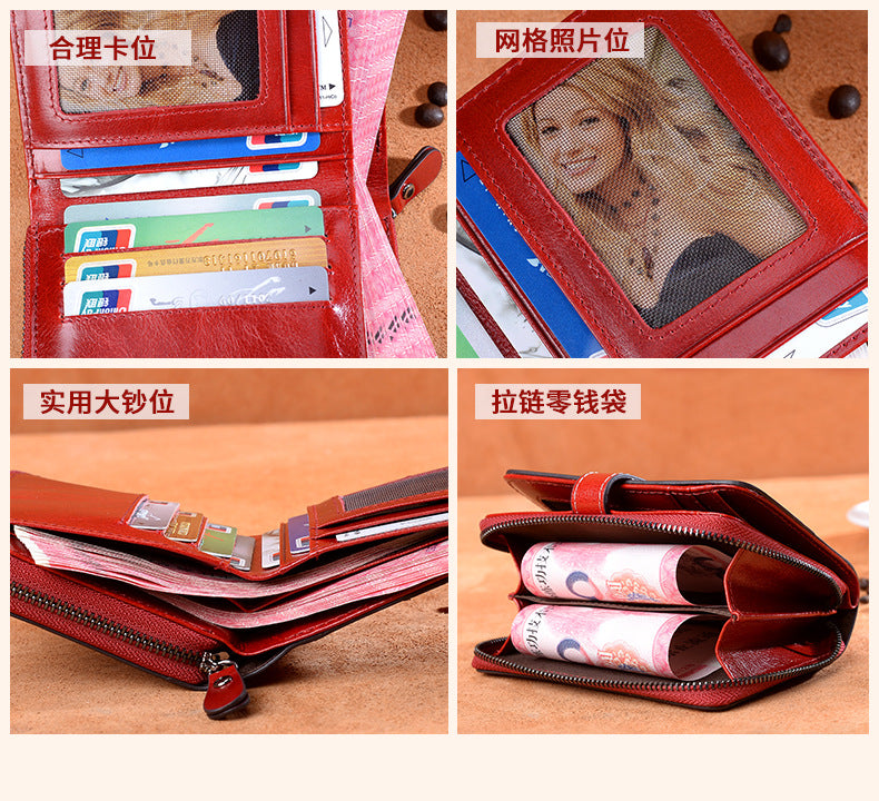 Genuine Leather Women's Wallet Short Wallet Bifold Wallet Hand-held Zipper Retro Coin Purse