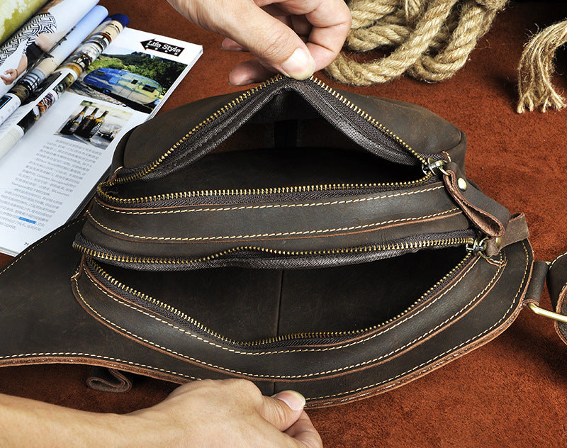 Men's bust bag Genuine cowhide leather retro large capacity crossbody bag for men