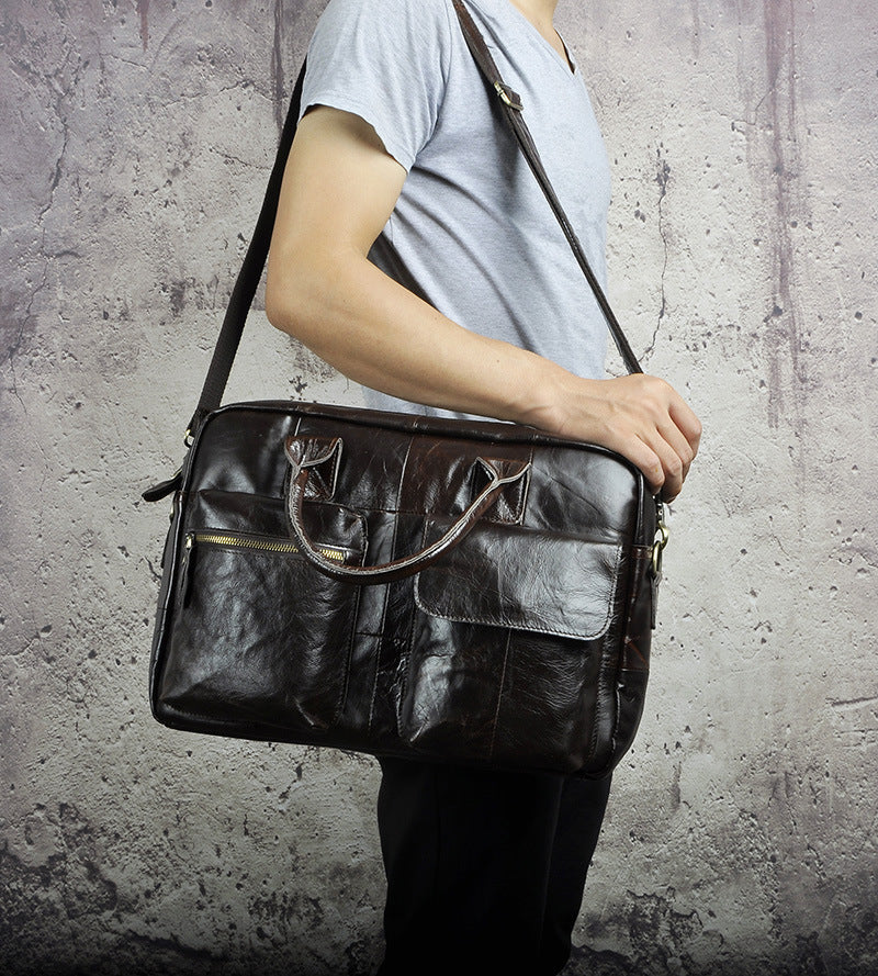 Men's Handbag Genuine Cowhide Leather Retro Business Briefcase Computer Bag for Men