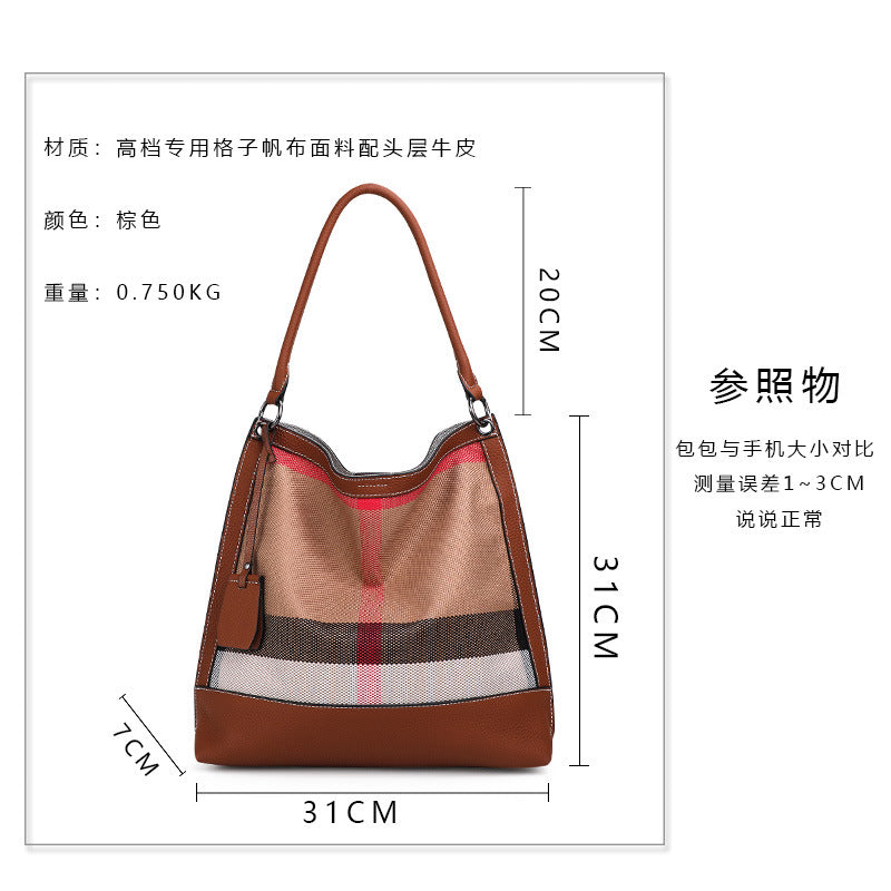 Women's bag Plaid cowhide canvas trend fashion bucket bag tote bag commuting Shoulder bag that goes with anything. Pochette