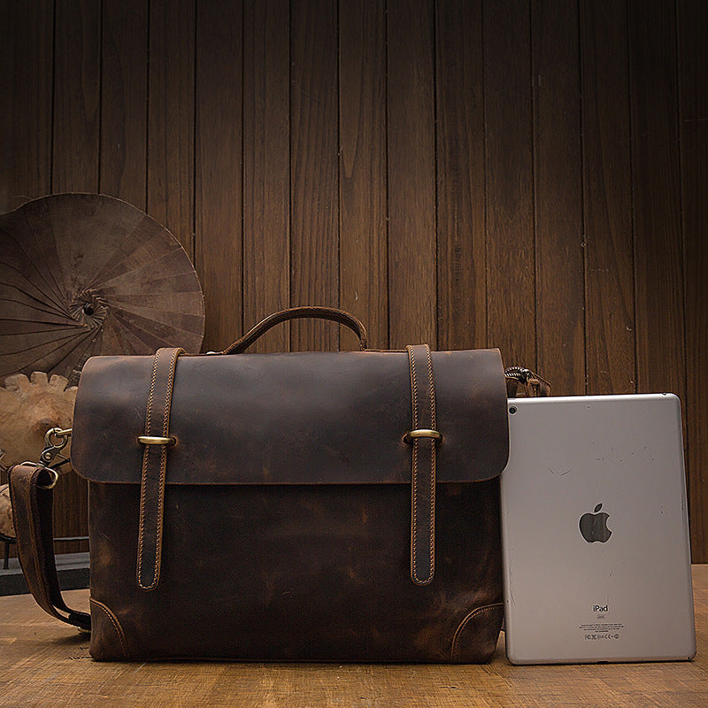 Men's Messenger Bag Handmade Genuine Cowhide Leather Crazy Horse Retro Handbag Handbag Men's Briefcase Crossbody Shoulder Bag