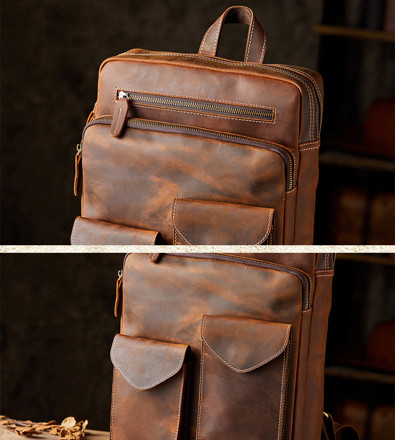 Men's Backpack Genuine Cowhide Leather Crazy Horse Handmade Original Travel Bag Retro Casual Men's Bag