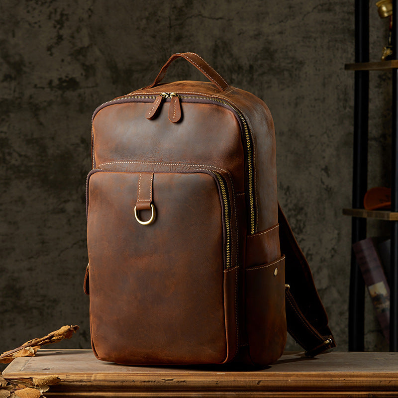 Men's Backpack Cowhide Genuine Leather Retro Casual Fashion Handmade Travel Bag Men's Computer Bag Rucksack