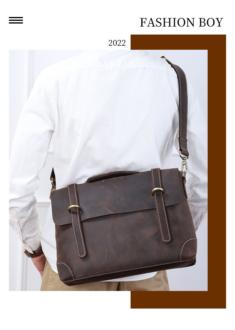 Men's Shoulder Bag Retro Cowhide Crazy Horse Messenger Bag Casual Fashion Large Capacity Crossbody Bag for Men Computer Bag