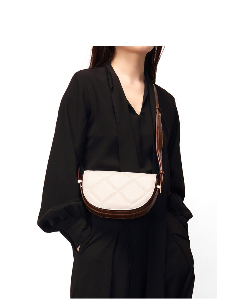 Cowhide women bag luxury plaid crossbody bag saddle bag genuine leather semicircle broadband shoulder bag.Pochette