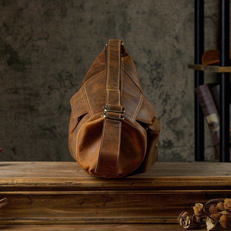 Men's Crossbody Bag Cow Leather Crazy Horse Handmade Retro Unique Fashion Multifunctional Shoulder Bag