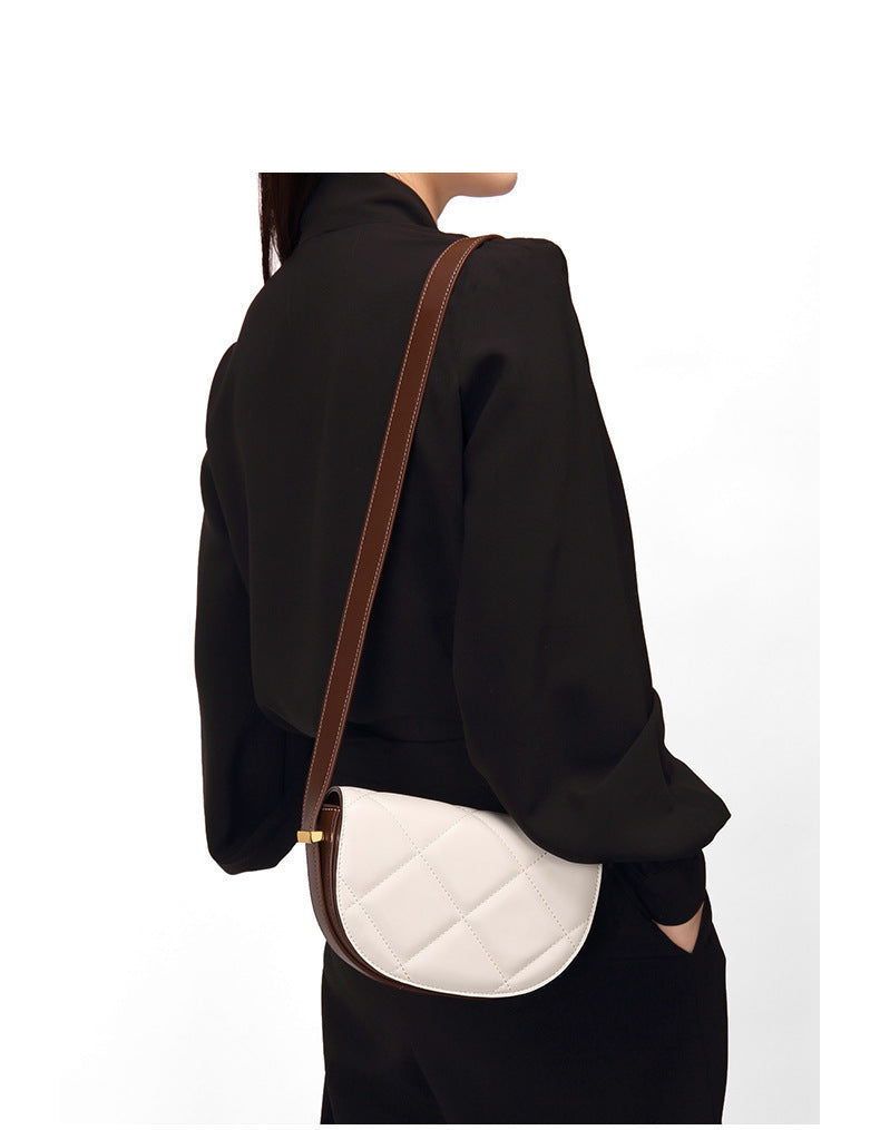 Cowhide women bag luxury plaid crossbody bag saddle bag genuine leather semicircle broadband shoulder bag.Pochette