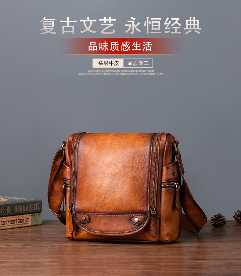 Men's Shoulder Bag Genuine Cowhide Leather Retro Casual Crossbody Bag for Men