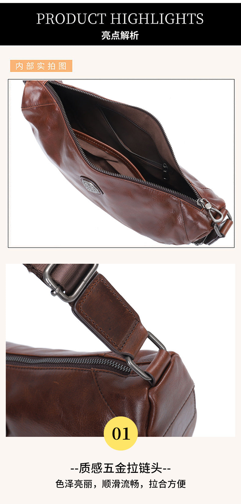 Men's bust bag crossbody bag genuine cowhide leather large capacity casual fashion shoulder bag for men
