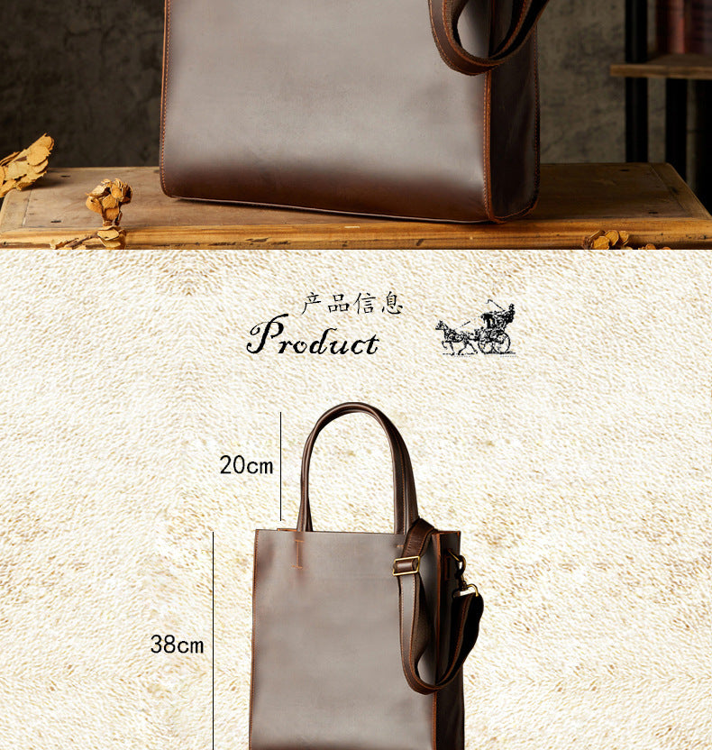 Men's Handbag Handmade Cowhide Genuine Leather Crazy Horse Handbag Business Commuter Retro Crossbody Bag Shoulder Bag Men's Briefcase