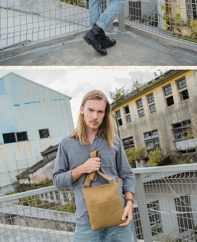Men's Shoulder Bag Handcrafted Genuine Cowhide Leather Crazy Horse Simple Retro Crossbody Bag for Men