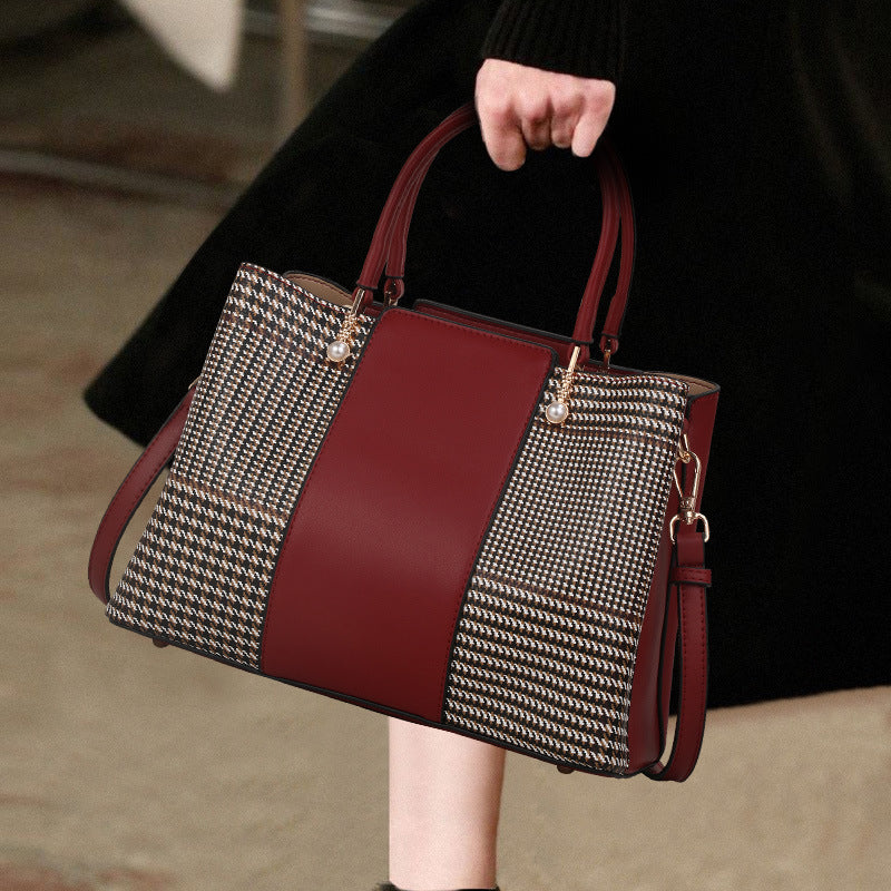 Ladies bag genuine leather handbag atmospheric fashion houndstooth splice shoulder bag temperament elegant handbag.bag