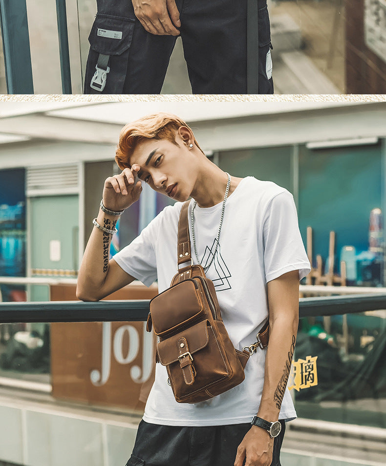 Men's Bust Bag Handmade Genuine Cowhide Leather Crazy Horse Retro Fashion Casual Crossbody Bag Shoulder Bag
