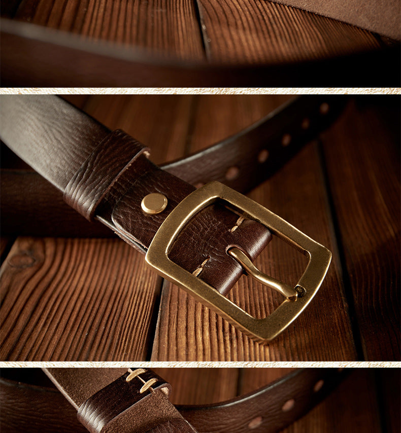 Men's Belt Original Handmade Retro Cowhide Genuine Leather Copper Needle Buckle Men's Belt
