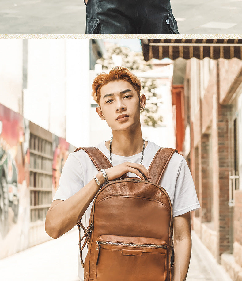 Men's backpack handmade cowhide genuine leather simple casual quality travel bag