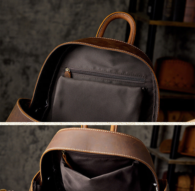 Men's Rucksack Retro Cowhide Crazy Horse Handmade Unique Fashion Beatles Men's Bag