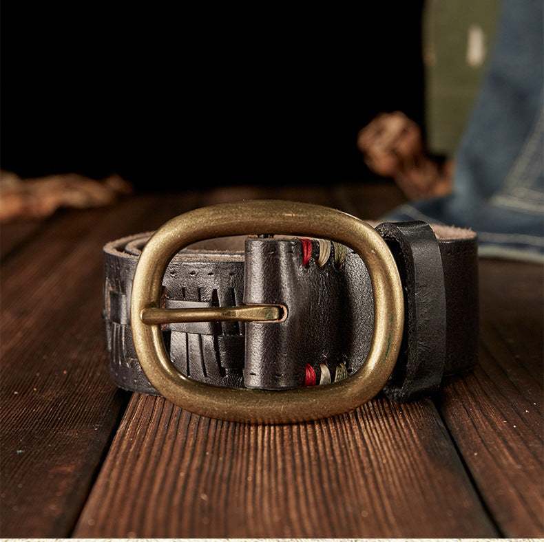 Men's Belt Hand-knitted Cowhide Genuine Leather Copper Needle Buckle Retro Fashion Personality Casual Men's Belt