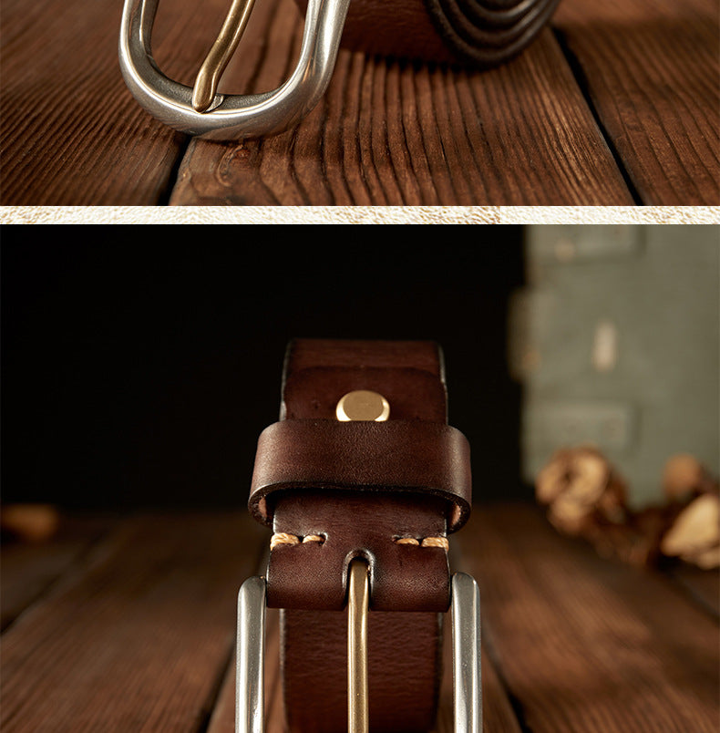 Men's Belt Genuine Cowhide Leather Handmade Needle Buckle Casual Vintage Men's Belt