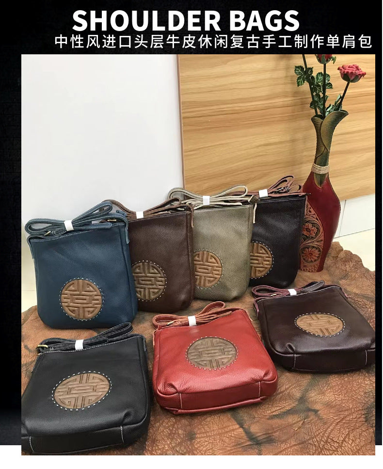 Men's Shoulder Bag Genuine Cowhide Leather Retro Fashion Casual Crossbody Bag for Men