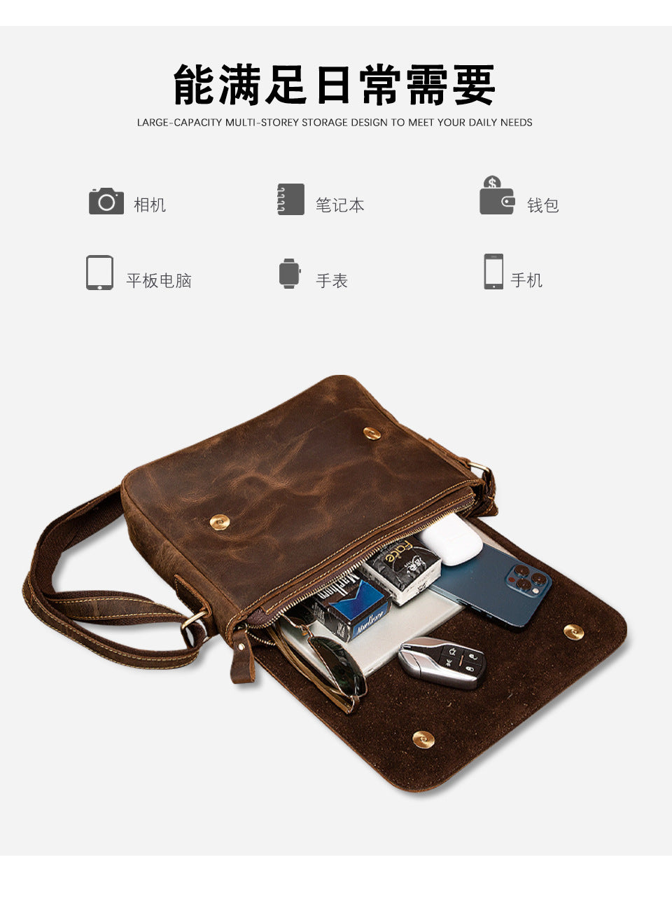 Men's shoulder bag Genuine cowhide leather retro crossbody bag for men