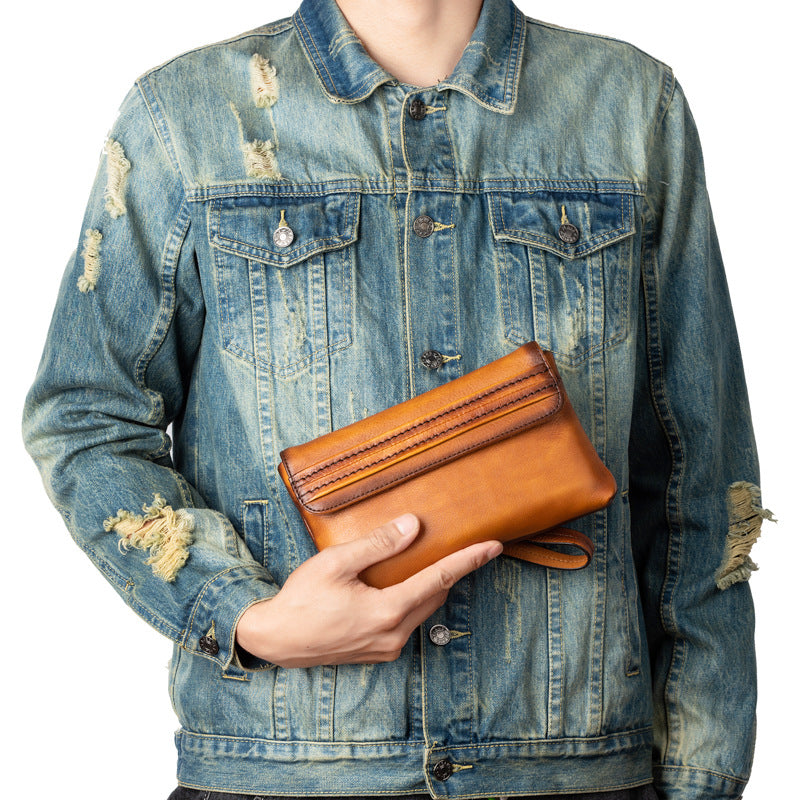 Men's Clutch Bag Genuine Cowhide Leather Retro Casual Men's Handbag