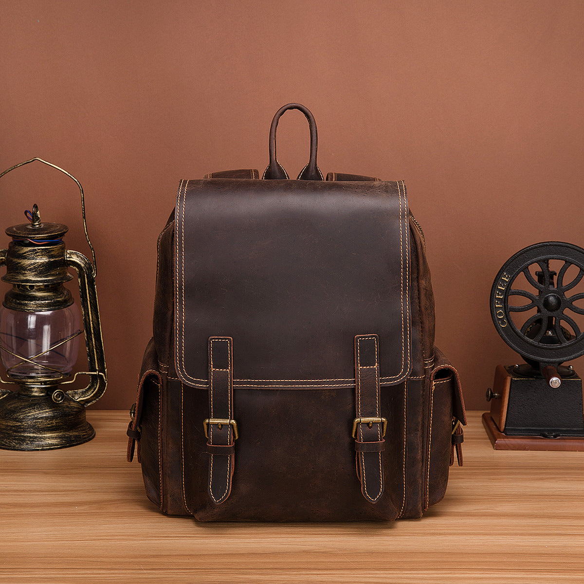 Men's Rucksack Genuine Cowhide Leather Retro Large Capacity Computer Bag for Men