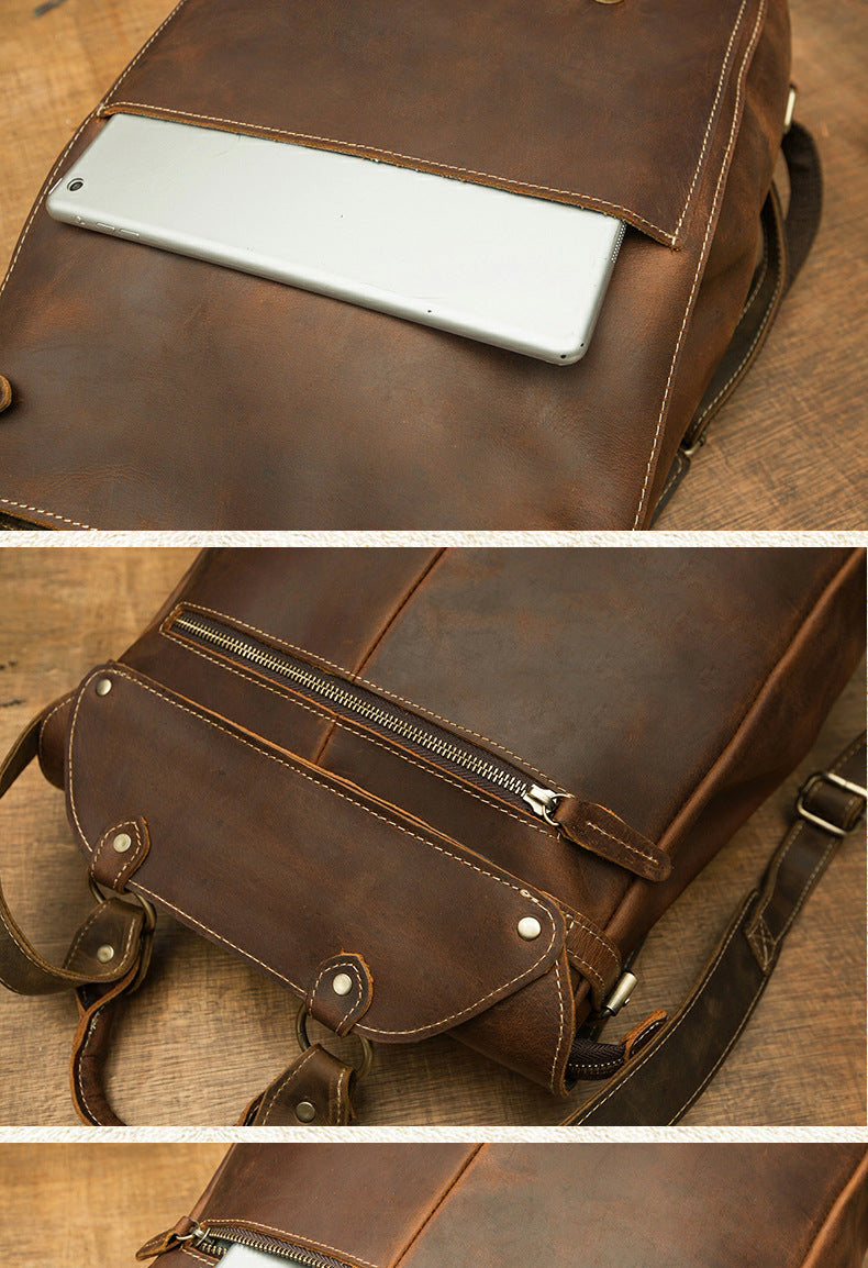 Men's Rucksack Genuine Cowhide Leather Handmade Korean Fashion Unique Travel Computer Bag for Men