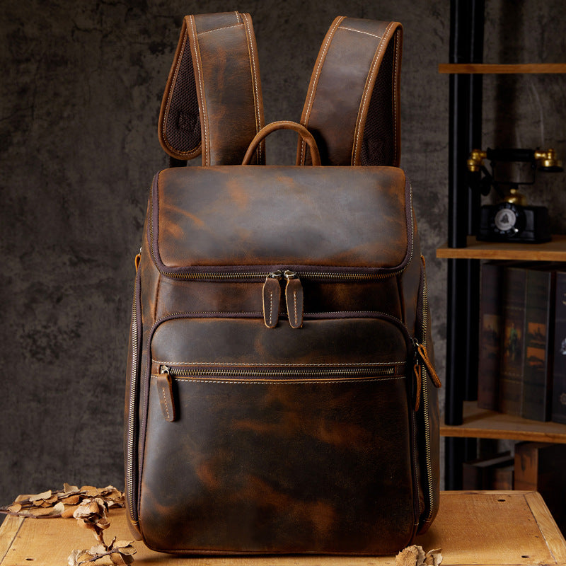 Men's backpack, handmade, genuine cowhide leather, retro outdoor men's travel bag, computer bag