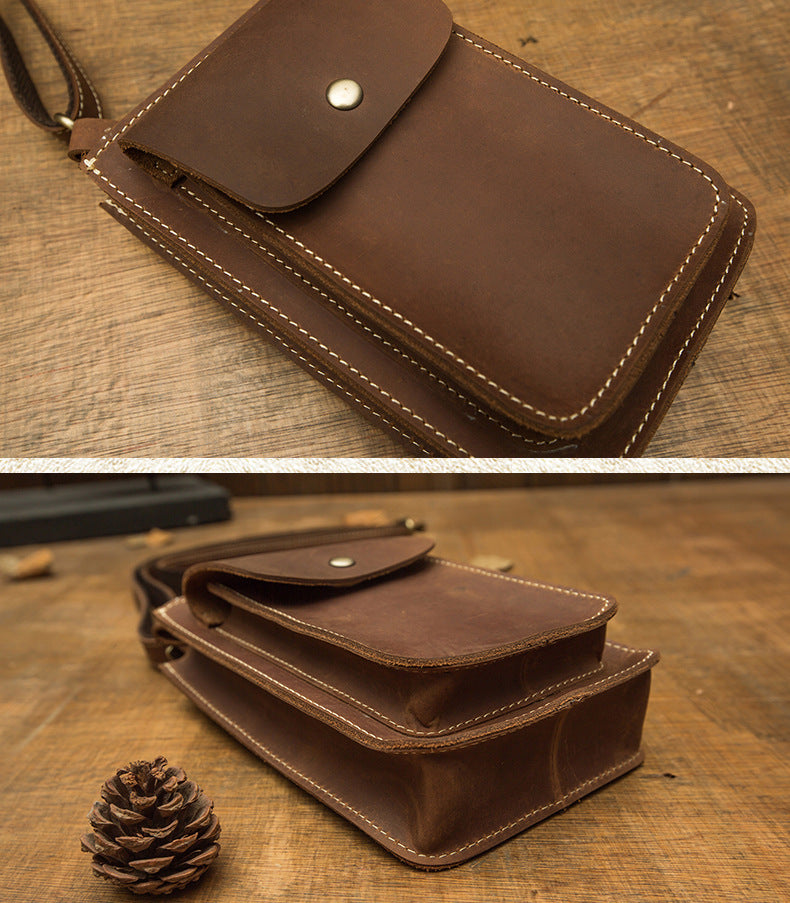 Men's Shoulder Bag Handmade Genuine Cowhide Leather Crazy Horse Men's Crossbody Bag Smartphone Pouch Waist Pouch