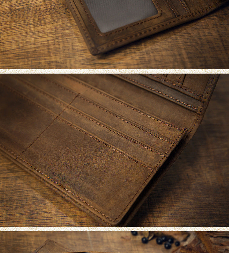 Men's long wallet, genuine cowhide leather, Crazy Horse, handmade, ultra-thin, bi-fold, card holder, simple, retro wallet for men