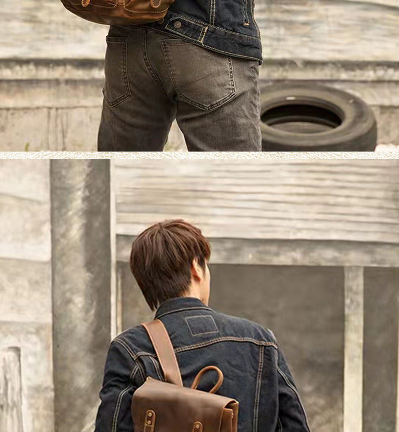 Men's backpack handmade genuine cowhide leather retro unique fashion casual travel bag
